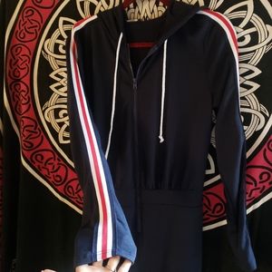 Navy Striped Zip Up Hooded Long Sleeve Jumpsuit
